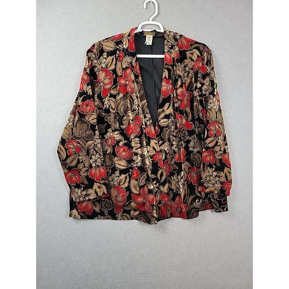 Vtg Willow Ridge Black Gold Floral LS Open Front Slinky Cardigan Women's Plus 2X - Picture 1 of 12
